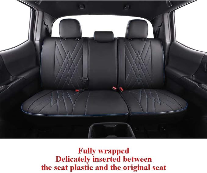 EKR Tacoma Seat Covers Custom Fit for Toyota Tacoma 2016 2017 2018 2019 2020 2021 2022 2023 Double Cab/Crew Cab -Truck Seat Covers for Car Full Set,Faux Leather (Black with Blue Trim)