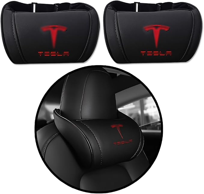 Car Headrest Neck Pillow Support Ergonomic, with Valve Stem Covers Accessory for Driving Seat Fatigue Relief Compatible with Model S X 3 Y & Cybertruck - 2 Pieces