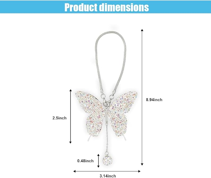 JOYCOURT Bling Butterfly Diamond Car Hanging Accessories for Women, AB | Crystal Butterfly Rear View Mirror Luck Car Decoration Accessories, Valentine's Day Presents Ornament Pendant for All Cars