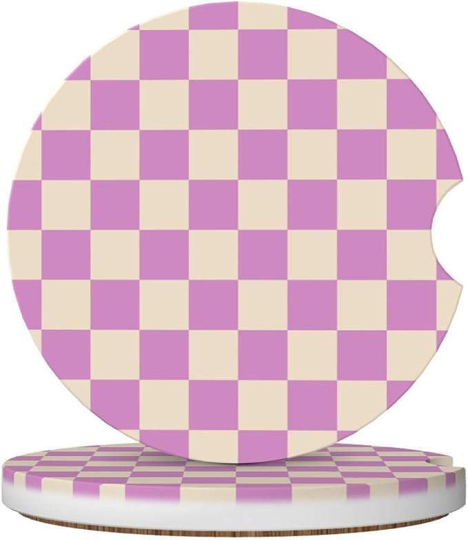 Purple Checkered Car Coasters for Cup Holders,2 Pack Car Cup Holder Coasters for Car,Ceramic Absorbent Car Coaster with A Finger Notch and Cork Base,Car Interior Accessories for Women Men