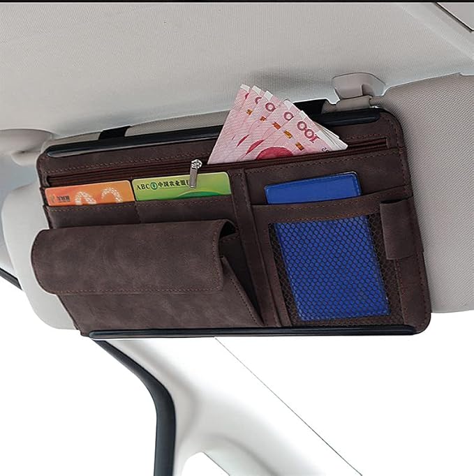 JEYODA Car Sun Visor Organizer Glasses Case Storage Bag note Holder Car suede Zipper Card Hold Car Organizers and Storage (brown)