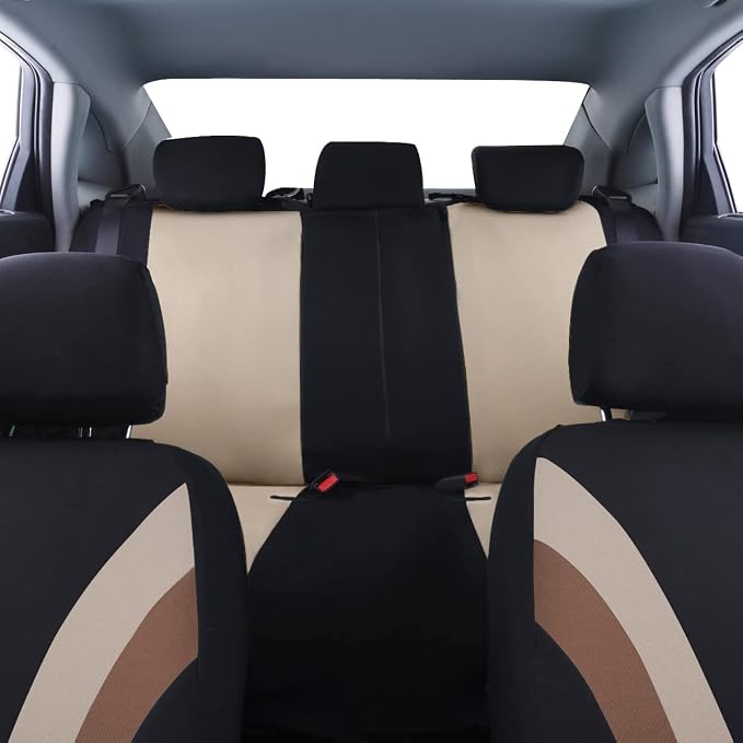 CAR PASS Line Rider Sporty Cloth 11PCS Universal Fit Car Seat Cover -100% Breathable with 5mm Composite Sponge Inside,Airbag Compatible,3zipper Bench(Full Set, Black and Beige)