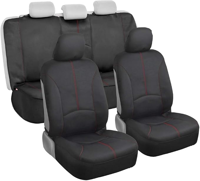 Motor Trend SpillGuard Waterproof Car Seat Covers, Front and Rear Full Set (Red Stitch) – Neoprene Seat Protectors with Extended Bench Side Coverage for Auto, Truck, Van, and SUV