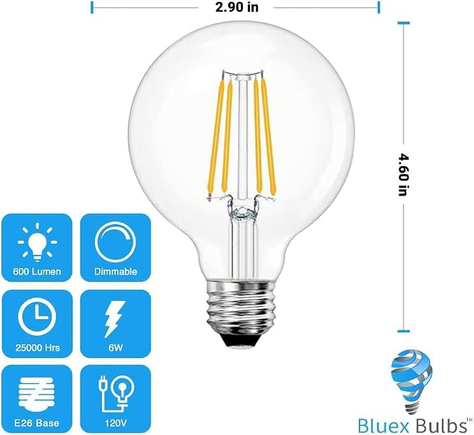6 Pack LED G25 Globe Light Bulbs Bulbs 6W - White Dimmable 60W Equivalent E26 Base 120V - Edison Vanity Light Bulbs for Bedroom, Kitchen, Vanity, Mirror Vintage (5000K - Cool White)