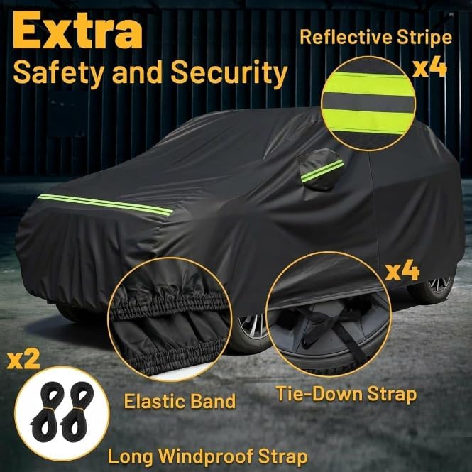 Favoto Car Cover Waterproof All Weather Windproof for SUV 188-198 Inches | UV Protection, Soft Cotton Lining, Driver Door Zipper, Reflective Strips and Storage Bag Included with Vehicle Fitment Black