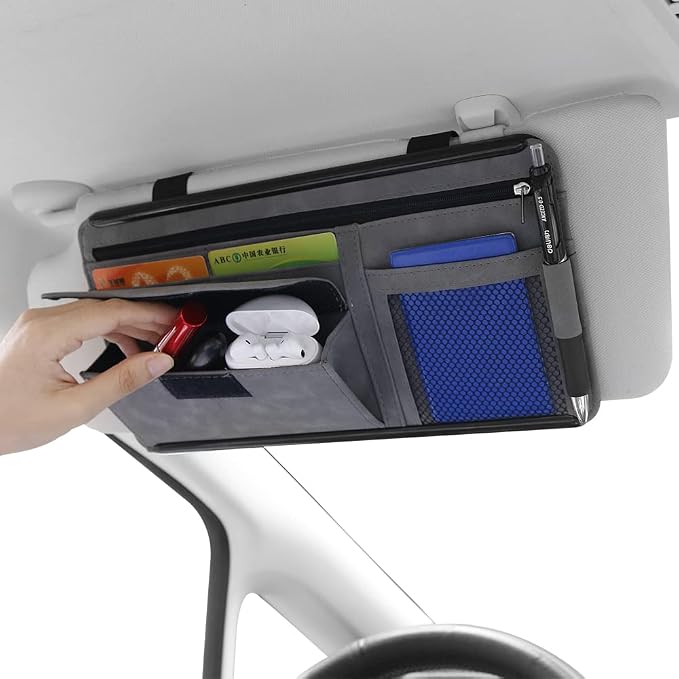 Car Sun Visor Organizer - Glasses Case, Note Holder, Suede Zipper, Card Holder - Gray