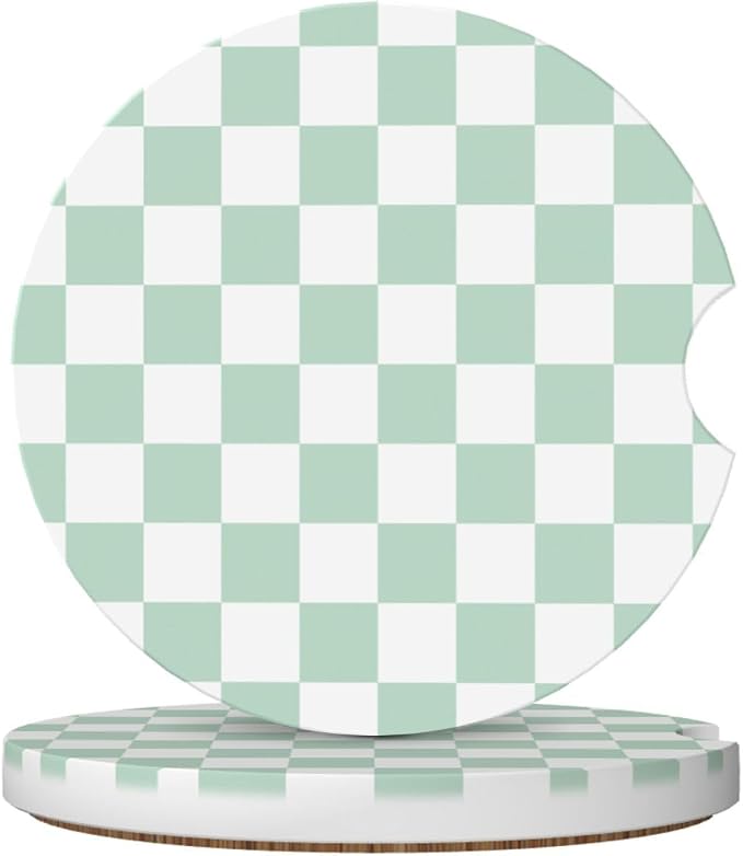 White and Green Checkered Car Coasters for Cup Holders,2 Pack Car Cup Holder Coasters for Car,Ceramic Absorbent Car Coaster with A Finger Notch and Cork Base,Car Interior Accessories for Women Men