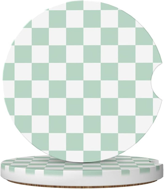 White and Green Checkered Car Coasters for Cup Holders,2 Pack Car Cup Holder Coasters for Car,Ceramic Absorbent Car Coaster with A Finger Notch and Cork Base,Car Interior Accessories for Women Men