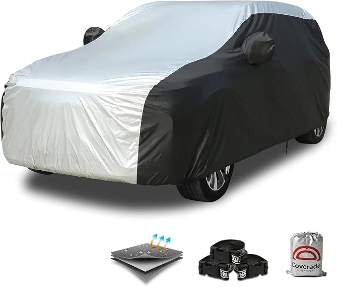 Coverado SUV Car Cover Waterproof All Weather, Outdoor Full Size Car Covers for Automobiles, Rain Sun UV Dust Protection Car Cover, Seam-Sealed Waterproof Car Covers Universal Fit for SUV (206"-215")