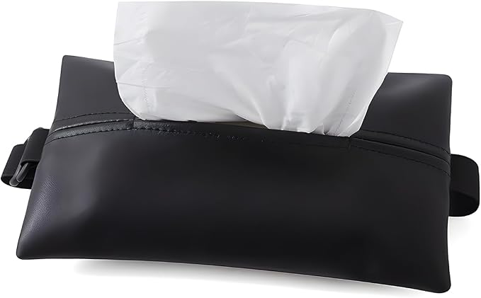 YoRise Car Tissue Holder, PU Leather Car Napkin Holder with Adjustable Strap, Center Console Tissues Box Cover, Sun Visor Organizer Keep Auto Tidy, Vehicle Headrest Storage Accessories (Black)