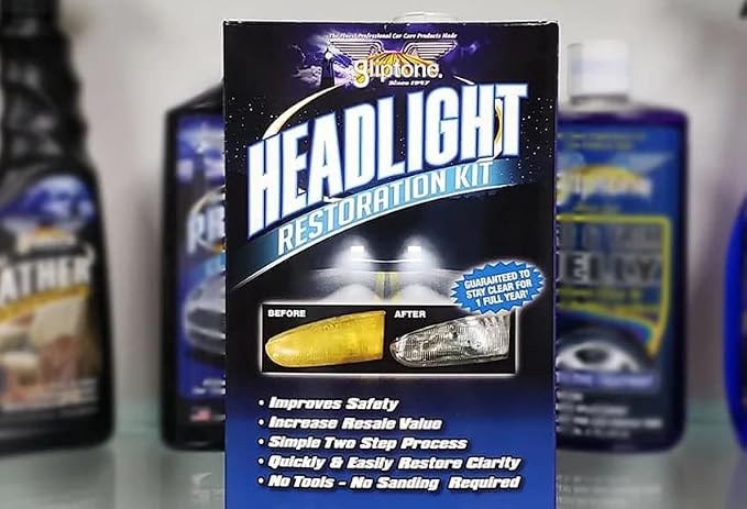 Gliptone Headlight Restoration Kit, Restores 4 Headlights, Guaranteed, Easy 2 Step Process, 7 Piece Kit, No Sanding or Tools Required | Restores Up to 4 Headlights, No Sanding or Tools Required, UV Protection & Clear Poly Coating, Easy 2-Step Process