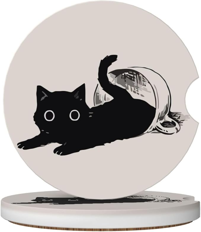 Cute Black Cat Car Coasters for Cup Holders,2 Pack Car Cup Holder Coasters for Car,Ceramic Absorbent Car Coaster with A Finger Notch and Cork Base,Car Interior Accessories for Women Men