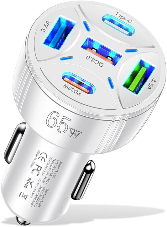 USB C Car Phone Charger Adapter 5 in 1 Multi Port PD30W &QC3.0 Super Fast Charging, 65W Cigarette Lighter USB Charger for iPhone/Android/Samsung/iPad Pro and More (White)