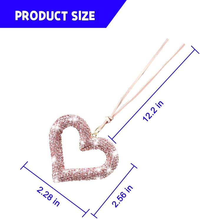 Mandark Bling Heart Car Hanging Accessories, Crystal Rhinestone Vehicle Rear View Mirror Charm Pendant Ornaments, Cute Diamond Auto Interior Hanger Decoration for Women Girls（Pink）