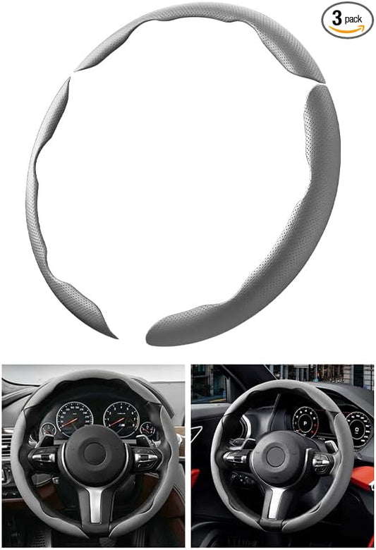 3PCS Car Steering Wheel Cover, 14.5-15" Breathable Nappa Leather Segmented Steering Wheel Protector with Non-Slip Grip, Stylish Auto Interior Decor Accessories, Universal for Vehicles (Gray)