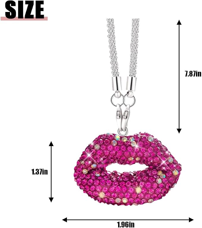 Bittwee Bling Lip Diamond Car Hanging, Crystal Rinestones Auto Rear View Mirror Charms Ornament, Lucky Vehicle Interior Pendant Decoration Accessories, Universal for SUV Sedan Truck(Rose Red)