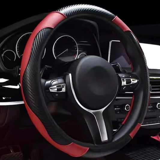 Ultra Fine Carbon Fiber Leather Steering Wheel Cover, Anti Slip and Sun Protective Protect The Steering Wheel, Easy to Install,Universal of 14.5"-15" (Wine red)