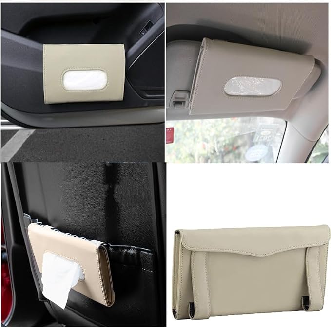 YVPSI Car Tissue Holder Sun Visor Napkin Holder with Tissue (Beige) | Refill Car Mask Holder PU Leather Tissue Box Tissue Box Holder Hanging Tissue Holder Mask Dispenser for Car