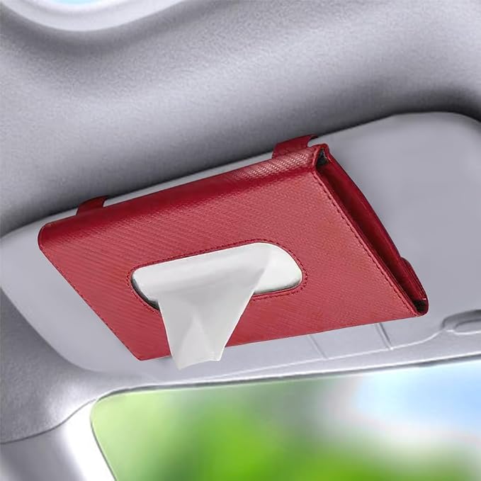 Car Tissue Holder, Car Tissue Box, Rectangular Sun Visor Napkin Holder with Tissue Refill, PU Leather Napkin Case Auto Interior Accessories Universal for Visor and Backseat (Red)