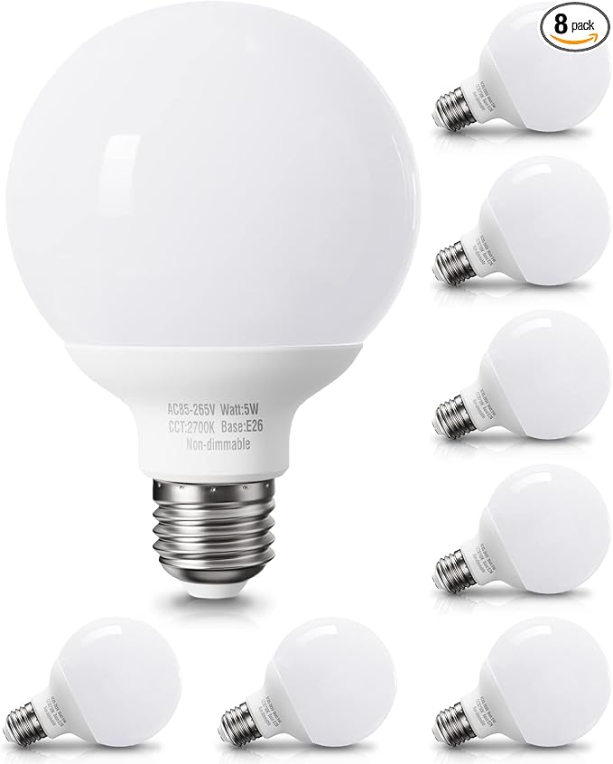 8 Pack Warm White LED Globe Light Bulbs for Bathroom, 120V 60 watt Equivalent, E26 Medium Base, Not Dimmable Vanity Light Bulbs Round, 2700K G25 LED Bulb Over Mirror