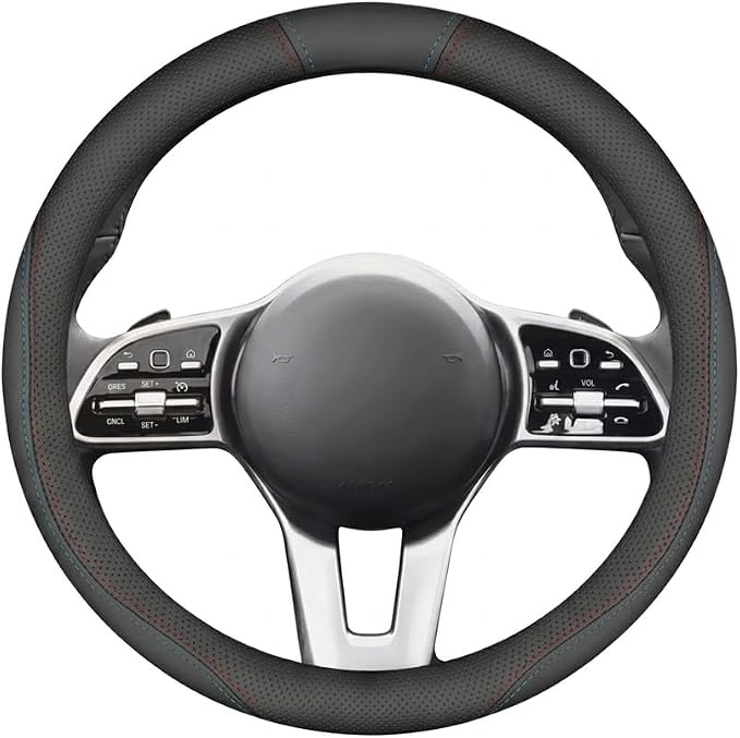 Nappa Leather Car Steering Wheel Cover, Slim Black Case 14.5-15 Inch | Premium Soft Nappa Leather with Fine Grip Texture Ultra-Thin Natural Rubber Inner Lining Fits 14.5 to 15 Inch Wheels