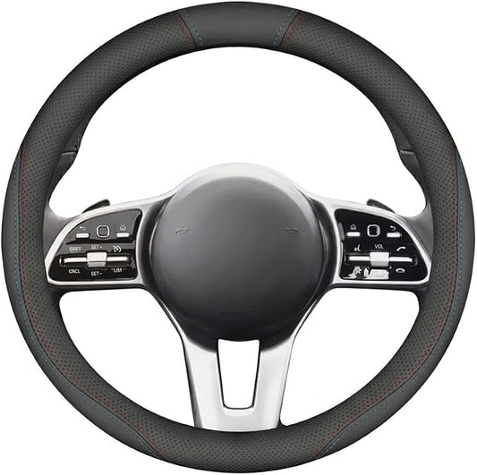 Nappa Leather Car Steering Wheel Cover, Slim Black Case 14.5-15 Inch | Premium Soft Nappa Leather with Fine Grip Texture Ultra-Thin Natural Rubber Inner Lining Fits 14.5 to 15 Inch Wheels