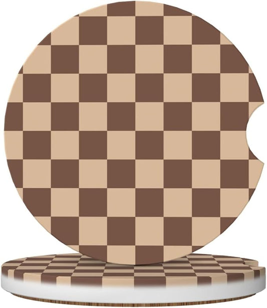 Brown Checkered Car Coasters for Cup Holders,2 Pack Car Cup Holder Coasters for Car,Ceramic Absorbent Car Coaster with A Finger Notch and Cork Base,Car Interior Accessories for Women Men
