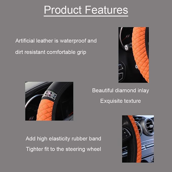 Microfiber Leather Steering Wheel Cover with Anti-Slip Lining Universal Car Accessory for Steering Wheel with a Diameter of 14.5-15 inch (Orange)