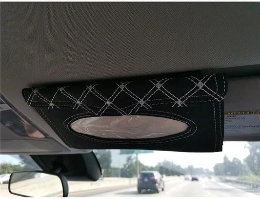 Car Visor Tissue Holder Pouch, Black with Vary Color Stitching | Refills Included, Soft Napkins Wipes Included, Stitching Color in Random
