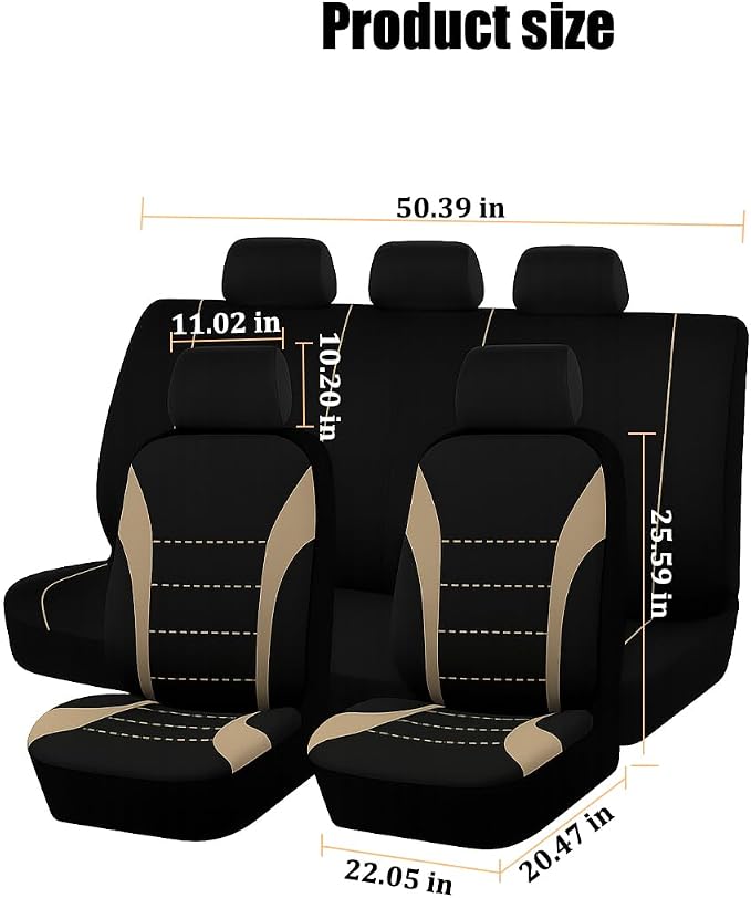 Car Seat Cover Full Set, Fashion Soft Sponge Vehicle Front and Rear Split Bench with Removable Headrest Cover, Breathable Auto Seat Protector, Universal for Truck SUV Sedan (Beige/Black)