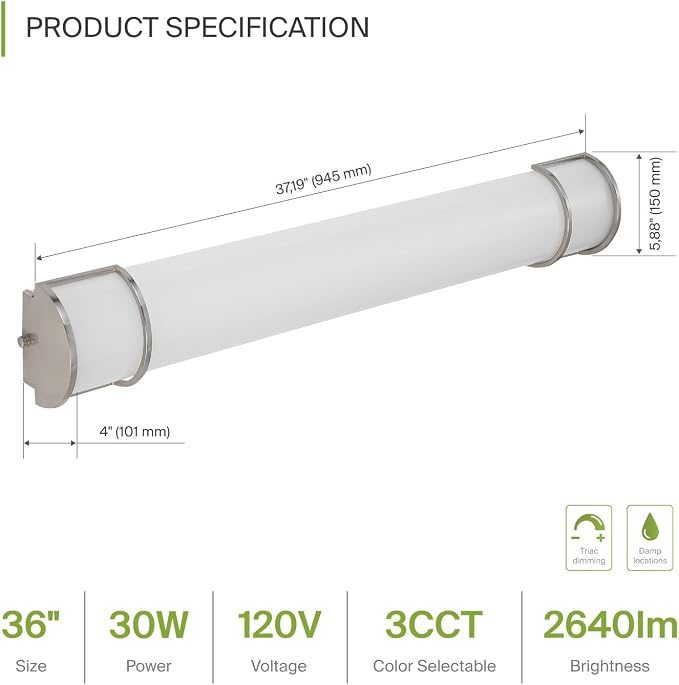 ASD LED 36" Vanity Flush Mount Light Fixture, Linear Bathroom Lighting Bar | 3CCT, Dimmable, Energy Star, ETL Listed | 30W 2650LM 3000-5000K 120V | Long Tube Bath Wall Sconce Over Mirror | Nickel