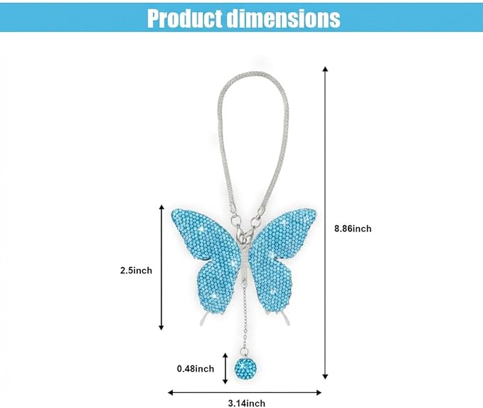 JOYCOURT Bling Butterfly Diamond Car Hanging Accessories for Women, Blue | Crystal Butterfly Rear View Mirror Luck Car Decoration Accessories, Valentine's Day Presents Ornament Pendant for All Cars