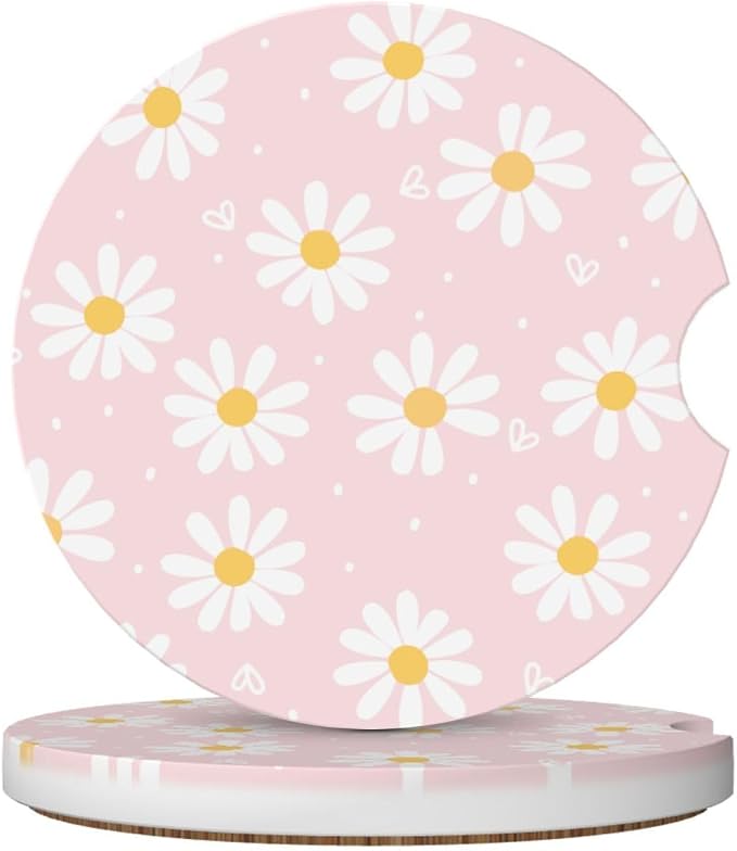 Pink Daisy Flower Car Coasters for Cup Holders,2 Pack Car Cup Holder Coasters for Car,Ceramic Absorbent Car Coaster with A Finger Notch and Cork Base,Car Interior Accessories for Women Men