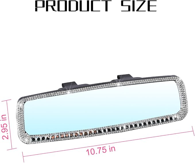 Bling Car Rear View Mirror, Rhinestones Crystal Clip-on Rearview Mirror with HD Glass, Compatible with Most Cars, SUVs, Vehicles, Auto Interior Accessories for Women Girl (Silver)