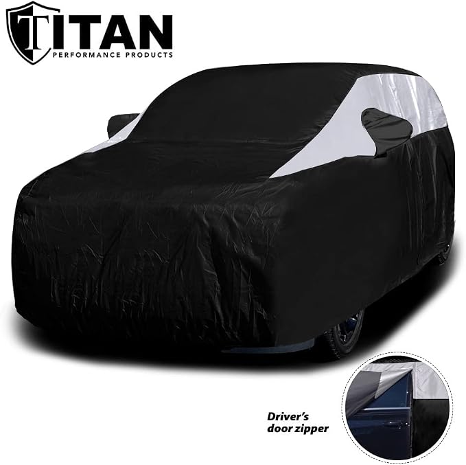 Titan Jet Black Poly 210T Car Cover for Large SUV 207-212" Waterproof, UV Protection, Scratch Resistant, Driver-Side Zippered Opening. Fits Escalade, Sequoia, Yukon and More.