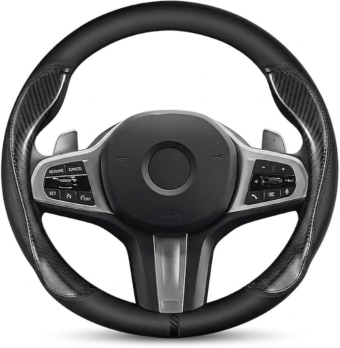 Carbon Fiber Car Steering Wheel Cover, Black Leather 14.5-15 Inch | Fine Microfiber Leather & Sporty Carbon Fiber Pattern Non-Slip Rubber Lining Fits 14.5 to 15 Inch Standard Wheels