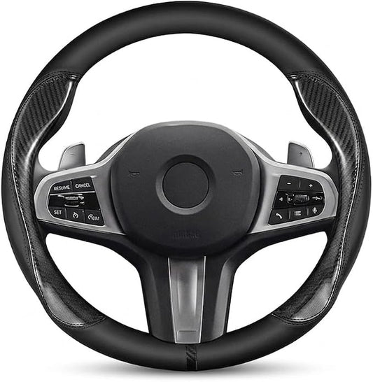 Carbon Fiber Car Steering Wheel Cover, Black Leather 14.5-15 Inch | Fine Microfiber Leather & Sporty Carbon Fiber Pattern Non-Slip Rubber Lining Fits 14.5 to 15 Inch Standard Wheels