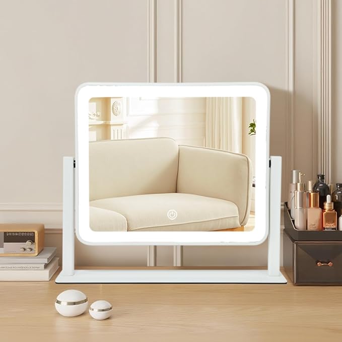 YEKKOPT Rechargeable Vanity Mirror with Lights, 10"×12" LED Makeup Mirror, Smart Touch Control, 3 Color Lighting with Adjustable Brightness,Cosmetic Mirror for Bedroom, Vanity Desk, Beauty Routine
