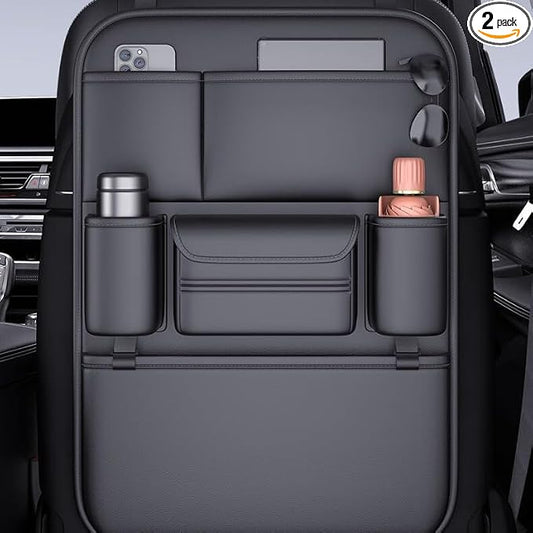 Leather Car Seat Organizer for Cars, SUV & Truck - Back Seat Headrest Storage Organizer with 6 Pockets, Large Capacity Waterproof Car Organizer Pocket for Phone, Bottle, Tissue, Toys