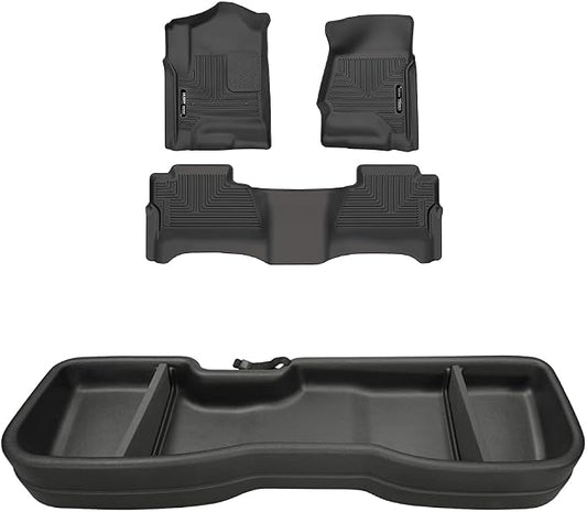 Husky Liners — Weatherbeater Floor Liners | Fits 2014-2018 Chevrolet Silverado/GMC Sierra 1500, 2015-2019 2500/3500 HD Crew Cab, Front, 2nd Row Liners & Under Seat Storage Box - Black | 98231 & 09031