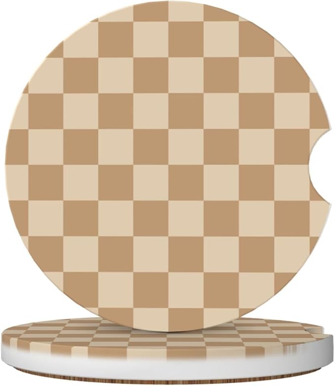 Brown and White Checkered Car Coasters for Cup Holders,2 Pack Car Cup Holder Coasters for Car,Ceramic Absorbent Car Coaster with A Finger Notch and Cork Base,Car Interior Accessories for Women Men