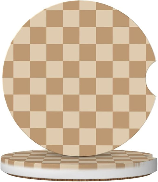 Brown and White Checkered Car Coasters for Cup Holders,2 Pack Car Cup Holder Coasters for Car,Ceramic Absorbent Car Coaster with A Finger Notch and Cork Base,Car Interior Accessories for Women Men