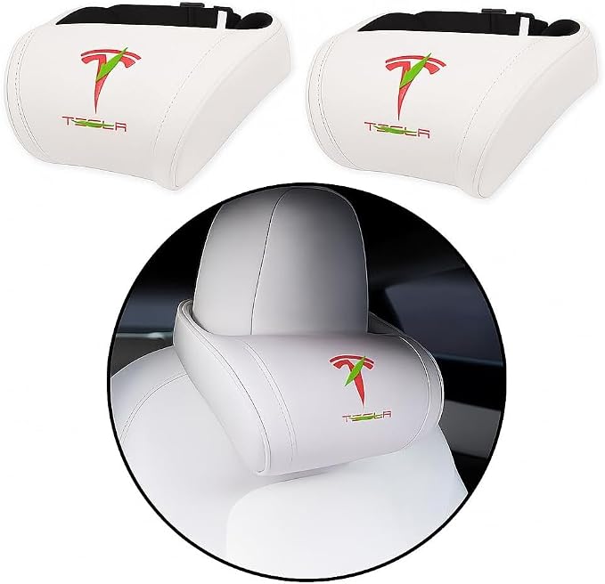 Car Headrest Neck Pillow Support Ergonomic, with Valve Stem Covers Accessory for Driving Seat Fatigue Relief Compatible with Model S X 3 Y & Cybertruck - 2 Pieces