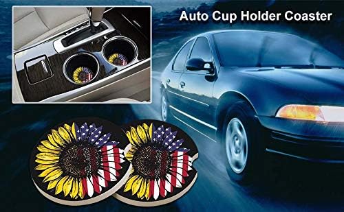 Sunflower & USA Flag 2.56" Car Coasters 2-Pack - Absorbent Ceramic Auto Coasters for Cup Holders, Keeps Your Car Clean & Dry
