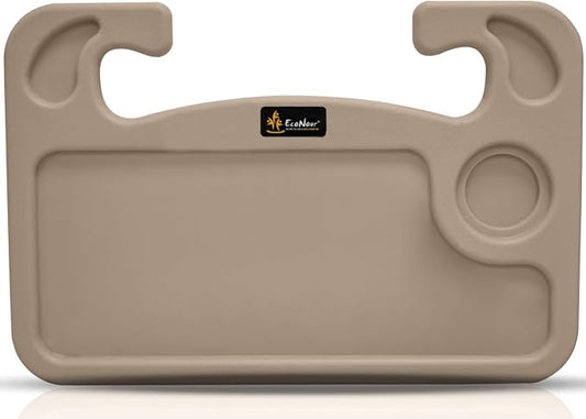EcoNour 2 in 1 Car Steering Wheel Desk (Beige) | Steering Wheel Tray for Laptop, Eating, Drinks | Rectangular ABS Car Tray with Pen Holder & Cup Holder