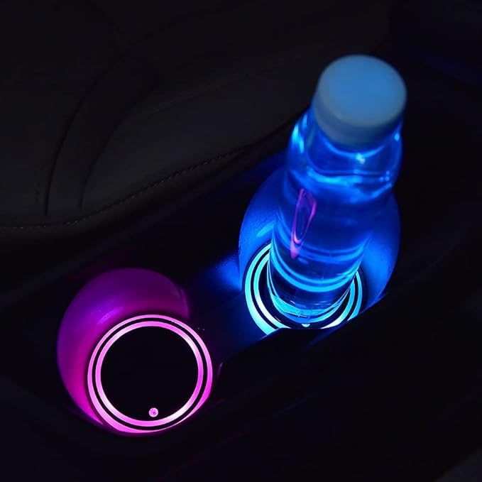 LED Car Cup Holder Lights, 7 Colors Changing USB Charging Coaster Waterproof Cup Pad, LED Interior Atmosphere Lamp Decoration Inside Car Lighting Accessories (2Pcs) (Style 1)