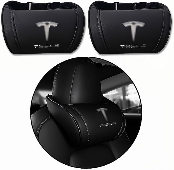 Car Headrest Neck Pillow Support Ergonomic, with Valve Stem Covers Accessory for Driving Seat Fatigue Relief Compatible with Model S X 3 Y & Cybertruck - 2 Pieces