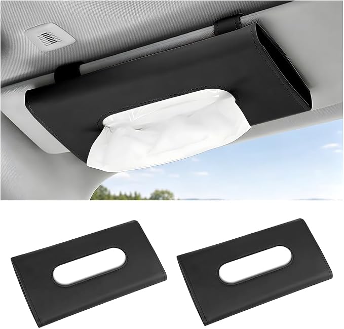 Car Tissue Holder, Rectangle Vehicle Sun Visor Napkin Case with Ergonomic Take Out Port, Automotive Interior Sunshade Tissue Box Organizer, Universal for SUV RV Truck (Black)