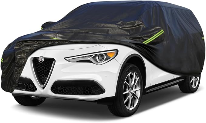 KouKou Waterproof SUV Car Cover Suitable for Alfa Romeo Stelvio from 2017 to 2025, 7 Layers Windproof All Weather Waterproof Outdoor Cover Sun Rain UV Dust Snow Protection. Black