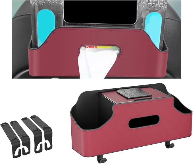 Car Headrest Backseat Organizer, Multi-Functional Vehicle Headrest Hanging Storage Box with Hook Cup Phone Holder Tissue Box, Universal Automotive Interior Seat Back Organizer (Red)